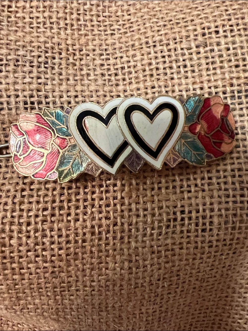 Heart & Rose cloisonné enamel  Barrette Hair Clip - Vintage 80’s
